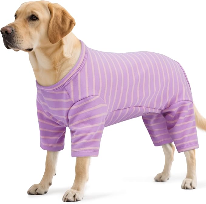 Striped Dog Pajamas - Pijamas for Small to Large Dogs, Fleece Shedding Suit, Stretchy & Machine-Washable Pjs, Belly Cut for Males, Great for Surgery & Cold Weather, Purple 4XL