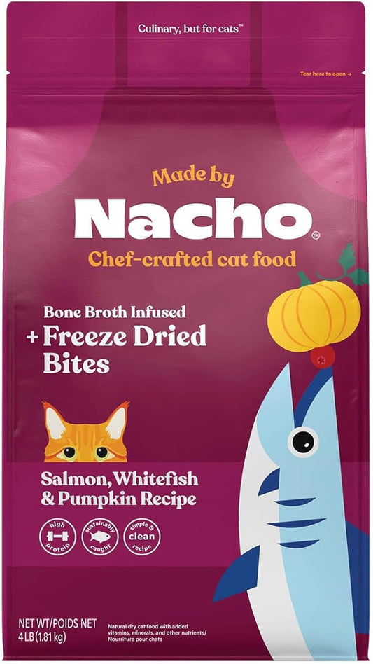 Made by Nacho Dry Cat Kibble 4lb Bag, High Protein Premium Cat Food with Freeze Dried Pieces, Sustainably-Caught Salmon, Whitefish & Pumpkin, Limited Ingredients, Single Bag