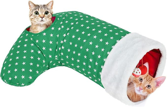 Pawaboo Cat Tunnel Christmas Sock with Bell Balls, Upgraded 2 Way Cat Tunnel Interactive Toy for Christmas, Pet Xmas Stocking with Crinkle Paper & Strong Spring-steel Frame for Cat Kitten Kitty, Green