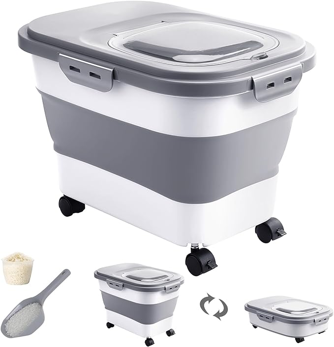 20-30 Lbs Rice Storage Container,Collapsible Food Storage Containers with Rolling Wheel Airtight Locking Lid,Flour Storage Container with Cup and Scoop,Suitable for Food,Rice,Pet Food,Flour