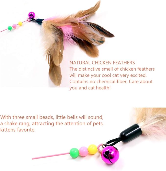 Cat Feather Toy, Cat Toys Wand, Bundle of 5 Pack Interactive Pet Cat Kitten Chaser Teaser Wire Wand with Bell Beads for Cat Exercise Play Fun Gifts - Wholesale