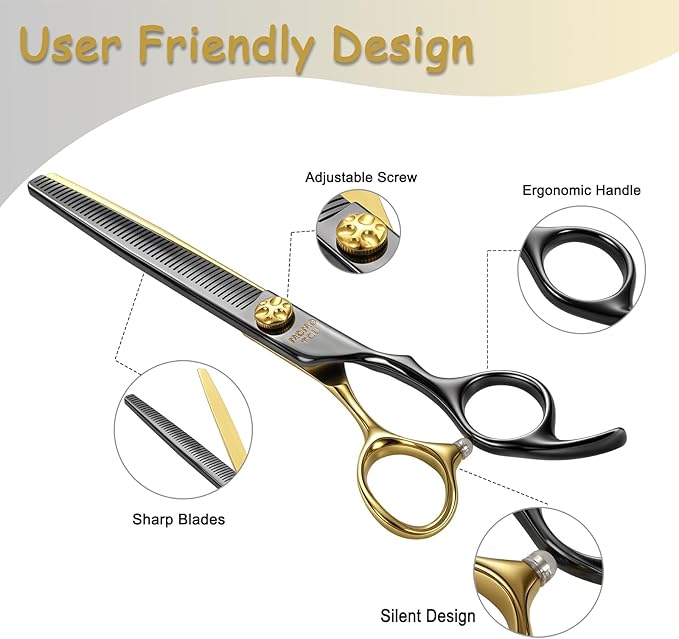 7.5'' Thinning Dog Grooming Scissors with Decorative Screw Sharp and Durable Black and Gold 440C Stainless Steel Dog Thinner Shears Easy Use for Groomers and Beginners.