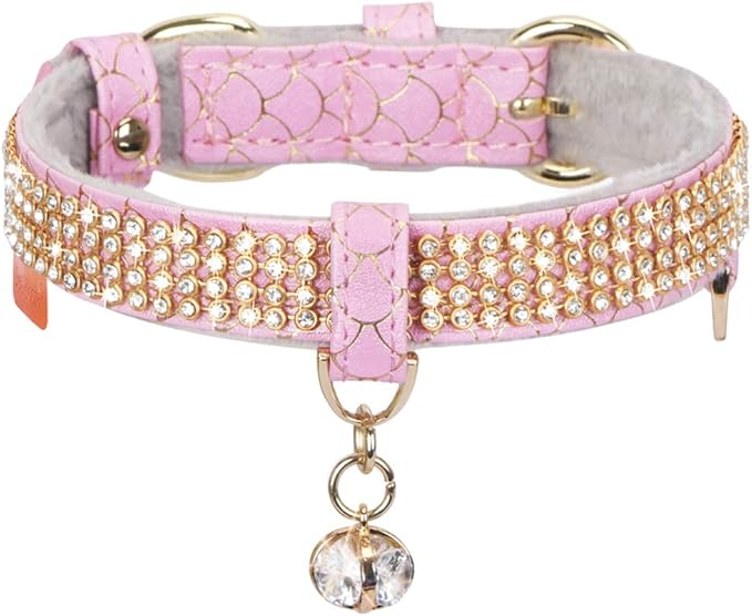 PetsHome Cat Collar, Dog Collar, [Bling Rhinestones] Premium PU Leather with Pendant Adjustable Collars for Cat and Small Dog Extra Small Pink