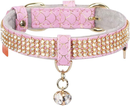 PetsHome Cat Collar, Dog Collar, [Bling Rhinestones] Premium PU Leather with Pendant Adjustable Collars for Cat and Small Dog Extra Small Pink