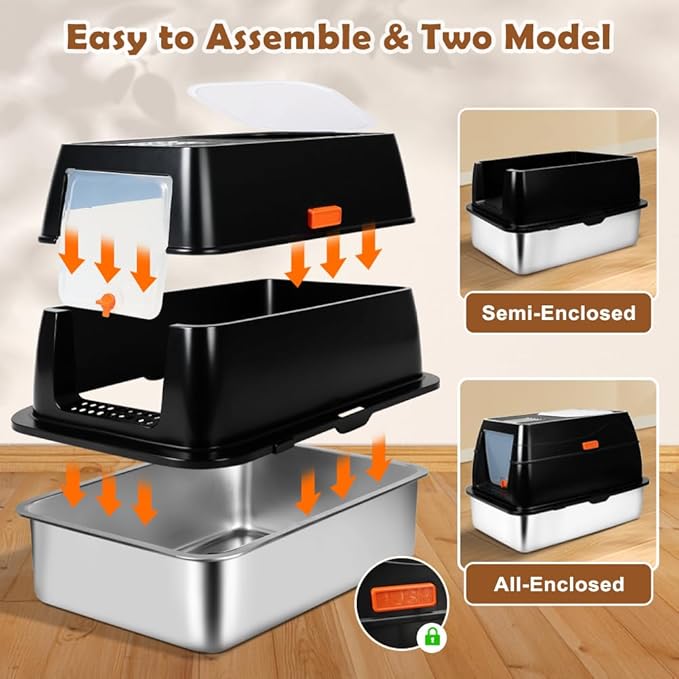 Vivifying Stainless Steel Litter Box with Lid, XL Front Entry Enclosed Extra Large Litter Box for Big Cats & Kitty, Top Exit Metal Cat Pan with Scoop, Mat, Footboard, Charcoal Filter (Black)