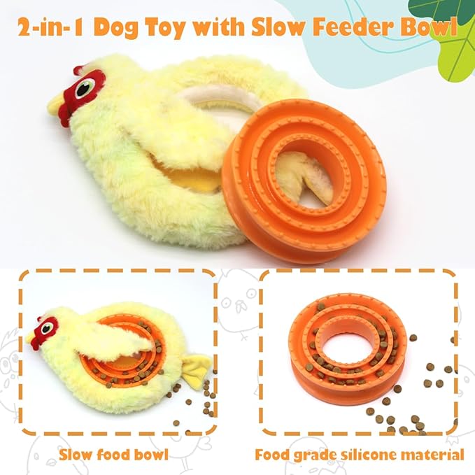 Chicken Plush Tug of War Dog Toy, Stuffed Crinkle Dog Squeaky Toy with Slow Feeder Puppy Chew Toy for Small Medium Large Dogs