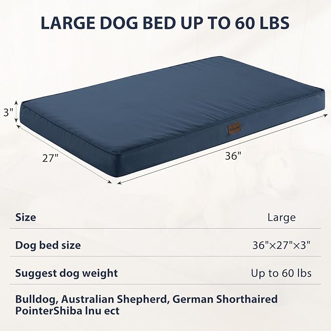 BFPETHOME Outdoor Dog Bed for Large Dogs, Waterproof, Orthopedic with Removable Washable Cover, Egg Crate Foam Mat. (36 x 27 in, Navy)