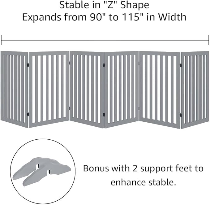 unipaws 120" Extra Wide Pet Gate, Free Standing Dog Gate for Doorways, Stairs, Foldable Gate & Room Divider, Wooden Puppy Playpen, Expandable Barrier for The House, Indoor Use (36" H, Grey)