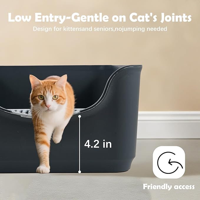 Large Cat Litter Box with High Sides and Low Entry,Open Top Litter Pan with Litter Trapping Pedal for Indoor Big Cats,Kittens and Multicat Homes,Easy to Clean,Anti-Urine Leakage (Grey)