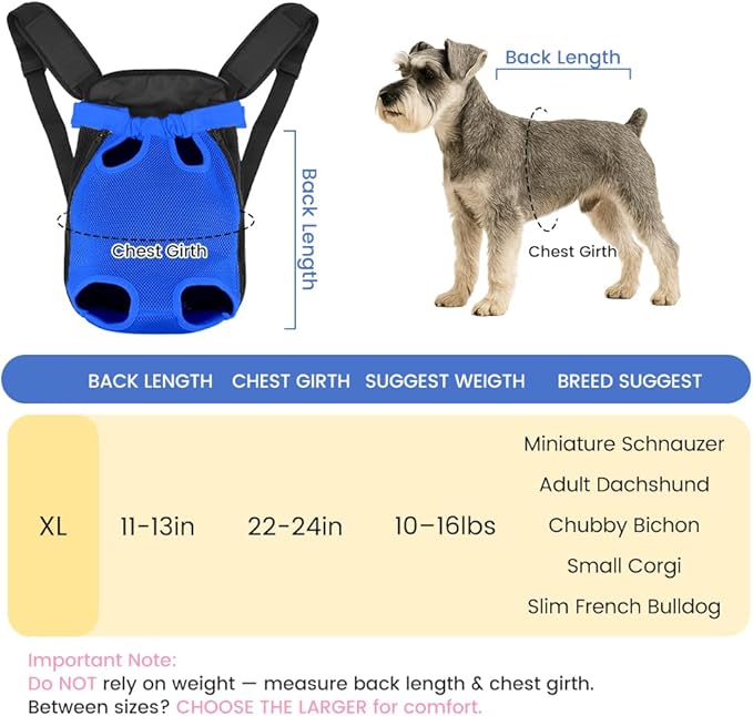 Dog Backpack Carrier, Pet Sling Front Backpack for Small Medium Dogs 10-16 Lbs, Legs Out, Adjustable Wearable Puppy Chest Travel Bag, Thick Straps & Cushion, Easy-Fit for Hiking/Walking/Camping