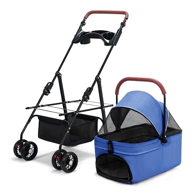 Pet Stroller-Folding 4 Wheels Cat/Dog Stroller for Medium Small Pets with Storage Basket and Cup Holder Suitable for Going Out and Traveling (Blue)