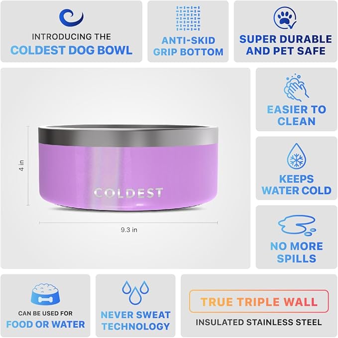 Coldest Dog Bowl - Anti Rust Metal, Non Slip, 3 Layers Insulated Stainless Steel Dog Bowls - Spill Proof & Heavy Duty - Water Bowl for Dogs, Cats, Dish Washer Safe (100 oz, Saturns Purple Glitter)
