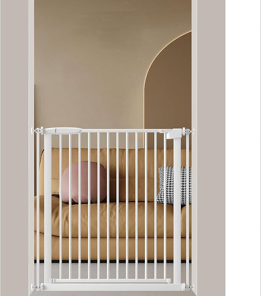 DEARBB Extra Wide Baby Gate Ultra Narrow Spacing 30.11-77.36" Pressure Mounted Double Lock Swing Auto Close Walk Through Metal Safety Pet Gate for Stairs and House Doorway Kitchen