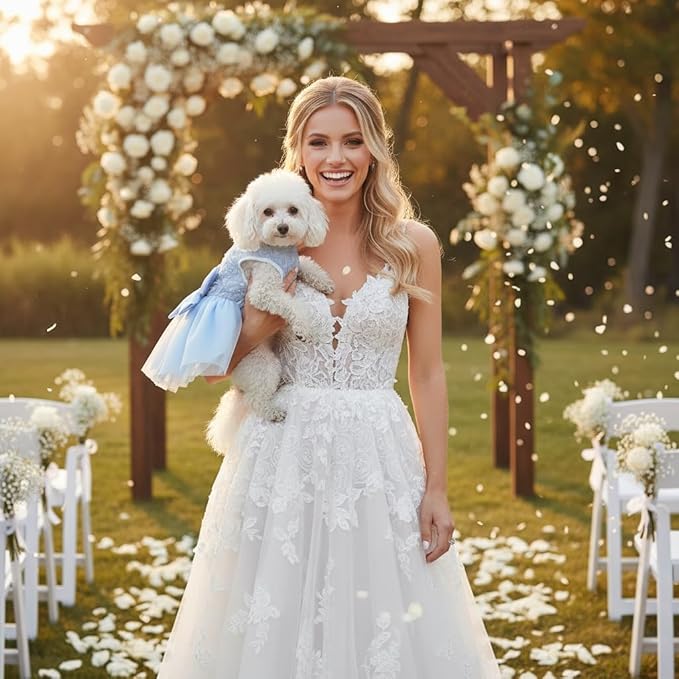 ASENKU Dog Dress Pet Wedding Dress Princess Lace Puppy Birthday Party Outfit Formal Apparel Girl for Small Medium Dogs Cats (Large, Blue)