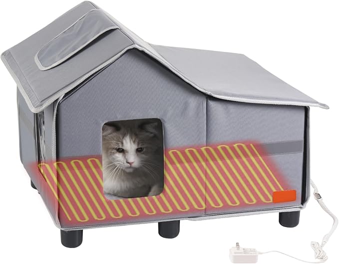 Heated Cat House for Outside Pets in Winter, Heated Outdoor Cat House Weatherproof, Insulated Cat Shelter with Heating Mat