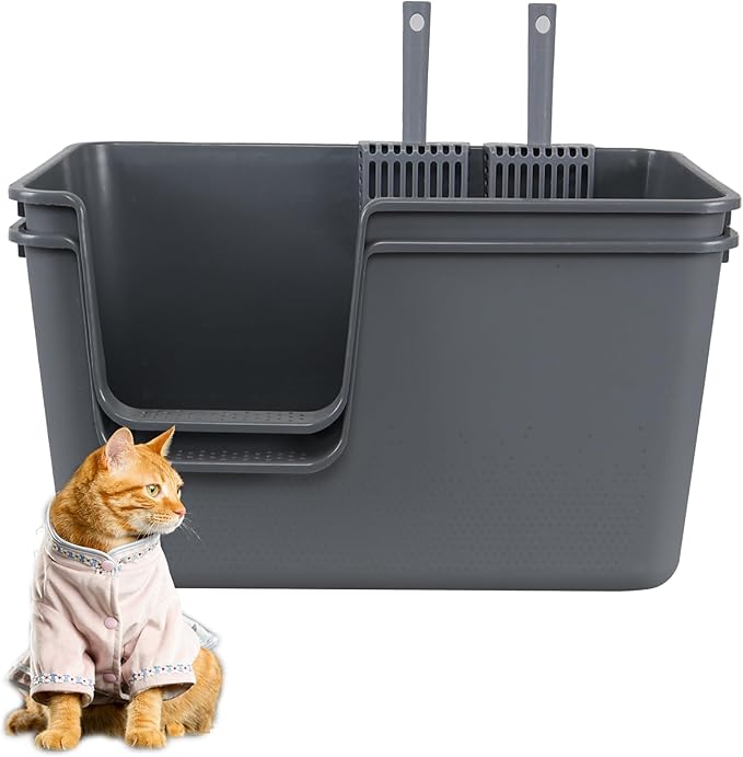 Xyskin 2-Pack Plastic Open Top Cat Litter Box, High Sides Cat Litter Pan with Scoop, Grey