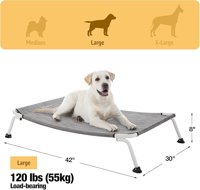 Veehoo Elevated Dog Bed for Outdoor, Cooling Waterproof Raised Dog Cots Beds for Large Dogs, Curved Off Ground Pet Hammock Cot Lifted for Outside, up to 85lbs, White Legs, Black Silver 42"
