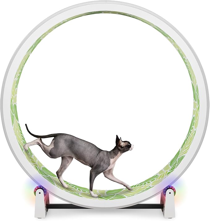 One Fast Cat - Cat Exercise Wheel - Gen. 7 - Safe 48" Diameter - Made in The USA - White Wheel with Jungle Leaves Foam Traction Pads and Light-Up LED Inline Wheels