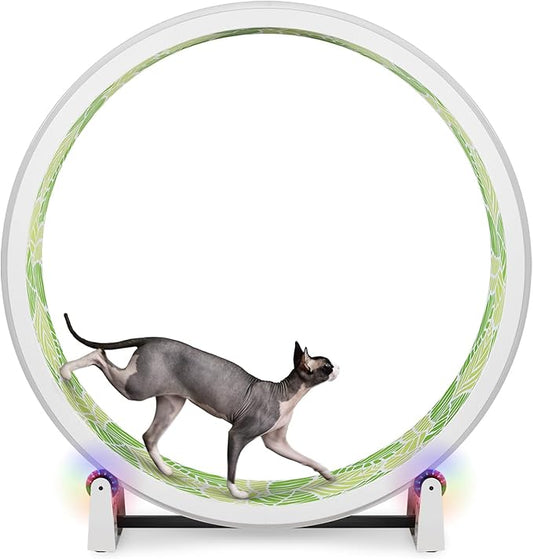 One Fast Cat - Cat Exercise Wheel - Gen. 7 - Safe 48" Diameter - Made in The USA - White Wheel with Jungle Leaves Foam Traction Pads and Light-Up LED Inline Wheels