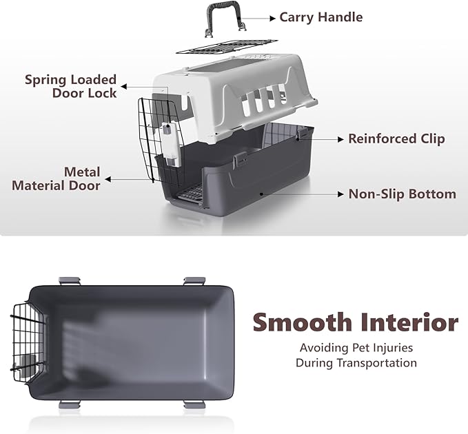 Athena Collection 18" Hard-Sided Travel Pet Carrier for Small Dogs and Cats, Plastic Dog Crate with 2-Door Top & Front Load & Ventilation & Security Lock, Cat Dog Carrier for Pet, up to 10lbs, Grey