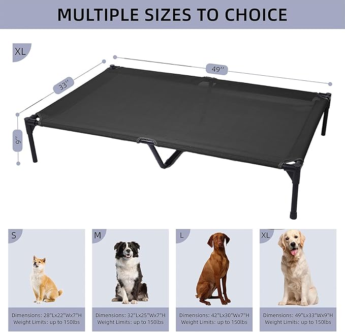 pettycare Elevated Outdoor Dog Bed - Dog Cots for Large Dogs XL, Heavy Duty Raised Cot Waterproof, Cooling Pets Bed with Washable Durable Teslin Mesh and Non Slip Feet, 49 Inches, Black