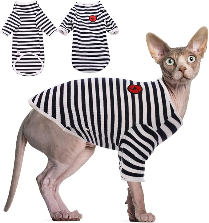 DENTRUN Hairless Cats Shirt Breathable Cat Daily Wear Clothes Stripe Vest Adorable Pajamas Jumpsuit Soft & Skin-Friendly