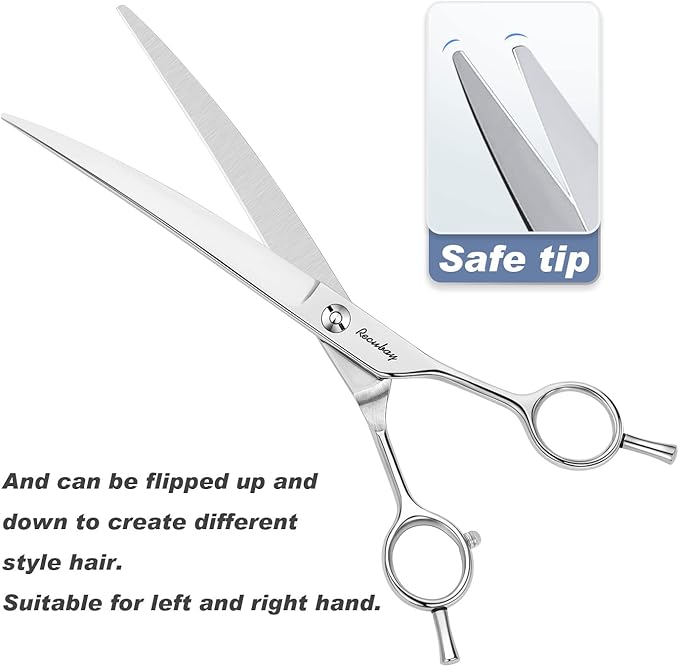 Dog Cat Scissors for Grooming, Pet Shears for Thick Coats and Matted Hair, Thinner Curved Straight Chunker Stainless Steel Shears (8.0" Curved Silver)