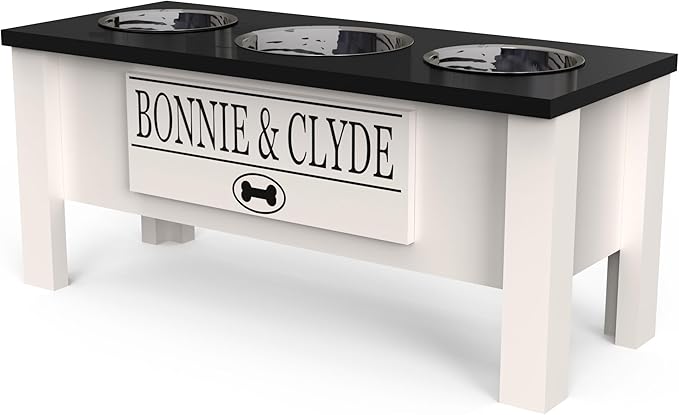 GrooveThis Woodshop - Personalized Elevated Triple Dog Bowl Stand for Large, Medium, Small, X-Small Dogs - 3 Stainless Steel Food and Water Bowls - Raised Dog Dish with Internal Storage (Large, Black)