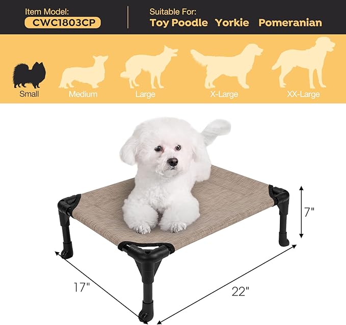 Veehoo Outdoor Elevated Dog Bed for Small Dogs, Cooling Raised Dog Cots Beds Training Platform Off Ground Hammock with Breathable Mesh, No-Slip Feet, 22"x17", Beige Coffee
