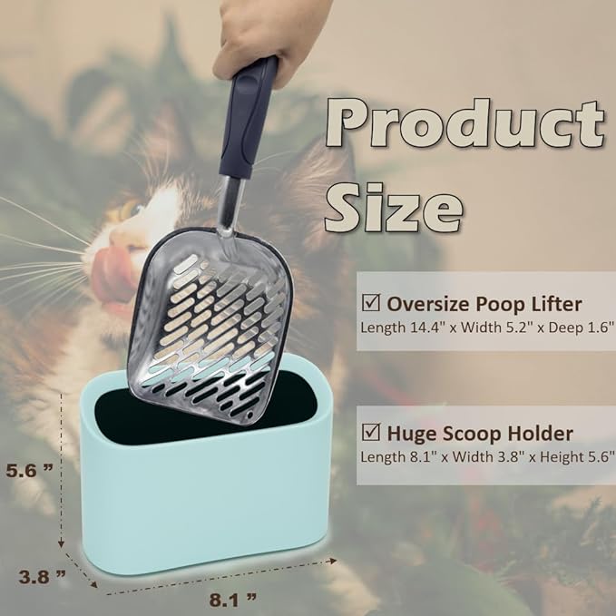 Aluminum Cat Litter Scoop in Holder, Non-Stick Cat Poop Scooper with Holder, Fast Sifting Kitten Poop Lifter and Caddy (Blue)