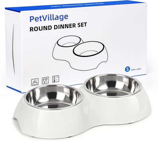 Stainless Steel Dog Bowls Set – Dual Non-Slip Pet Dishes with 2 Small (4oz*2) Bowls & Durable Resin Stand,Food & Water Feeder for Kittens– White