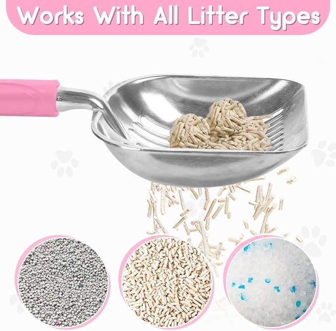 Cat Litter Scoop, Metal Cat Scooper, Plastic Handle Scoop, Sifting Shovel – Heavy Duty Aluminum Alloy Litter Box Scoop with Deep Mesh, Design for Easy Waste Removal and Cleaning(Pink)