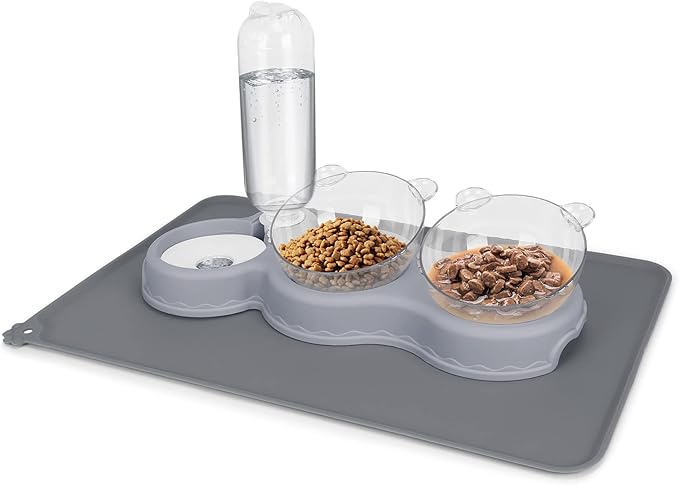 Triple Cat Bowls for Food and Water, YECERCAN Plastic Raised Cat Bowls with Automatic Water Bottle & Waterproof Mat for Cats/Small Dogs, 3 in 1 Pet Feeder for Wet/Dry Food