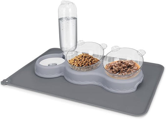 Triple Cat Bowls for Food and Water, YECERCAN Plastic Raised Cat Bowls with Automatic Water Bottle & Waterproof Mat for Cats/Small Dogs, 3 in 1 Pet Feeder for Wet/Dry Food
