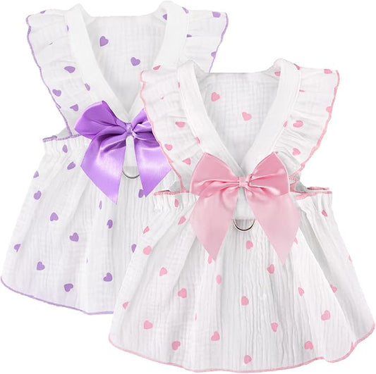 2 Pack Dog Dress Clothes for Small Dogs Girl with Leash Ring&Bows Puppy Cat Clothes Heart Print Cat Dog Outfit Dresses Ruffled Summer Pet Apparel Holiday Birthday Small