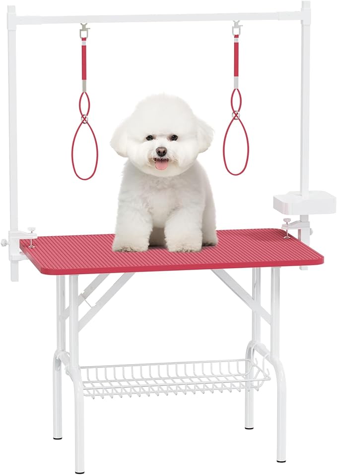 VFK 36''/47''Large Dog Grooming Table, Foldable Pet Station at Home, Dog Grooming Table,Adjustable Cat Drying Desktop with Arms, Nooses, Mesh Tray (Basic pet Table, 36" Pink)