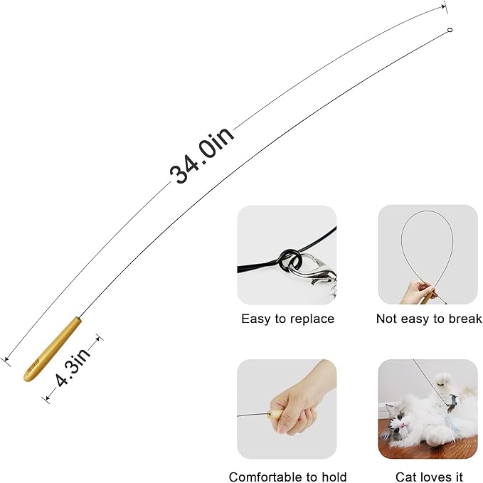 TTcat Interactive Bird and Insect Simulation Cat Toy Set with 4 Feather Refills, 29'' Flexible Steel Wire, Sturdy Wood Handle & Bell,Cat Wand Toys for Indoor Cat and Kitten.