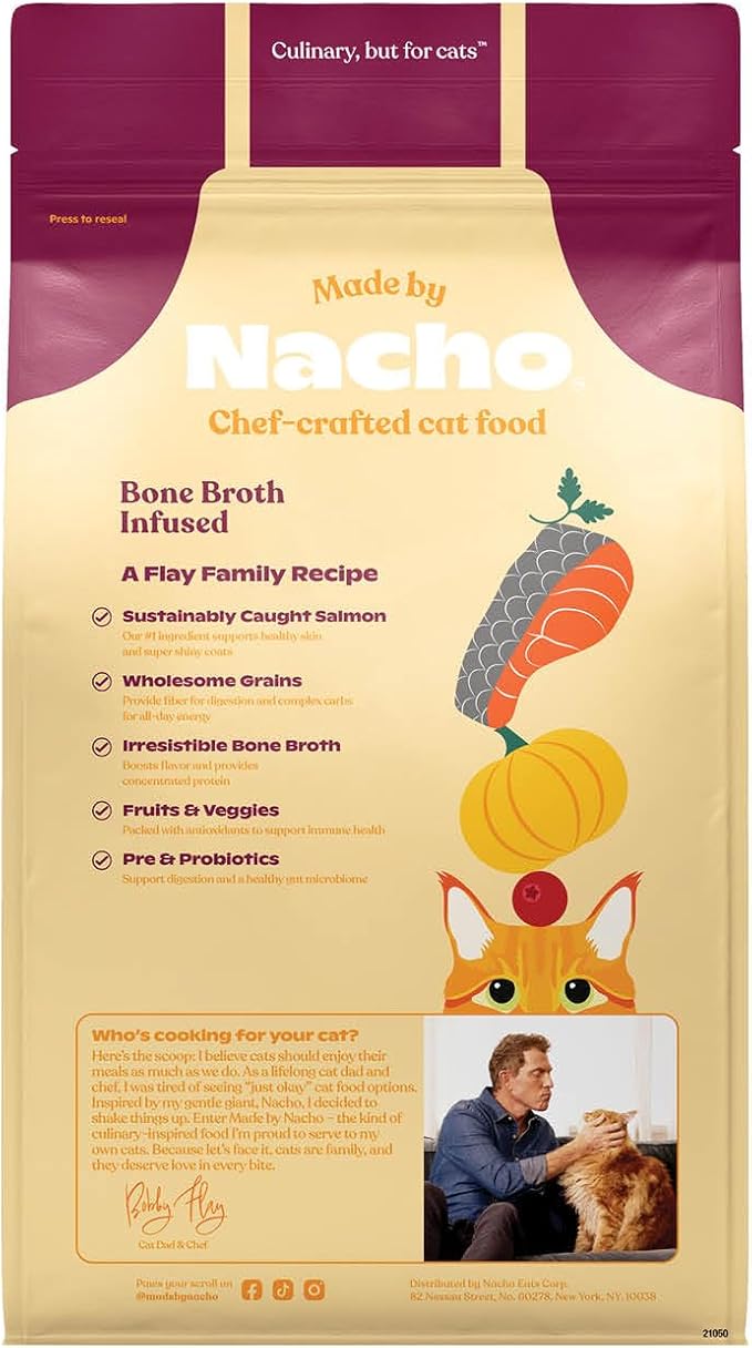 Made by Nacho Dry Cat Kibble 2lb Bag, High Protein and Grain-Friendly Premium Cat Food, Sustainably Caught Salmon and Pumpkin, Infused with Bone Broth for Hydration, Limited Ingredients, Single Bag