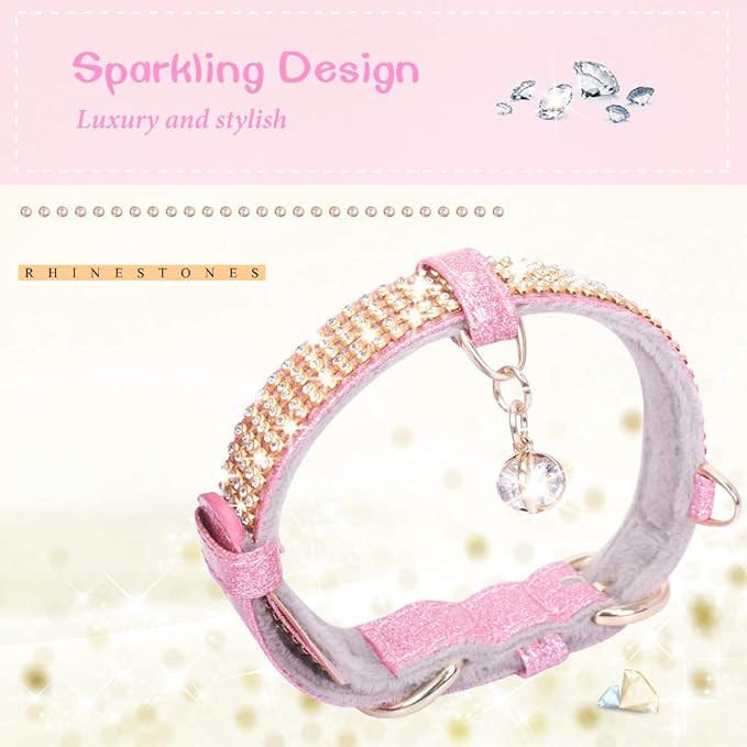 PetsHome Cat Collar, Dog Collar, [Bling Rhinestones] Premium PU Leather with Pendant Adjustable Collars for Small to Medium Dog Medium Pink