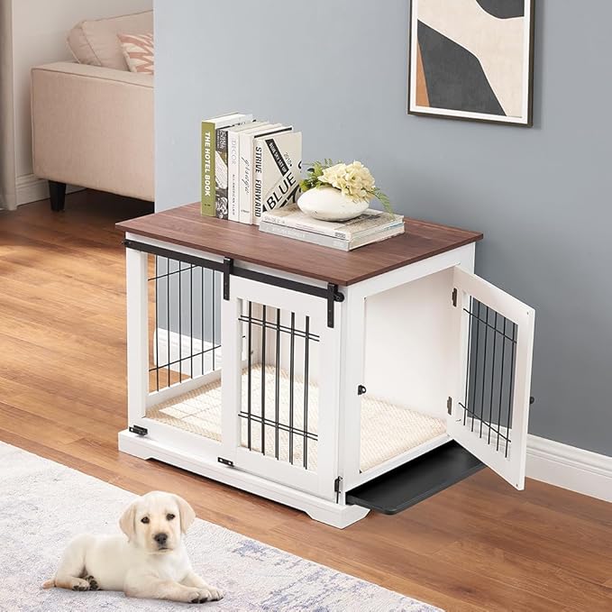 beeNbkks Dog Crate Furniture with Sliding Barn Door, Stylish Double Doors Wooden Kennel with Tray and Cushion, Decorative Indoor Pet House Side End Table for Medium Large Dogs
