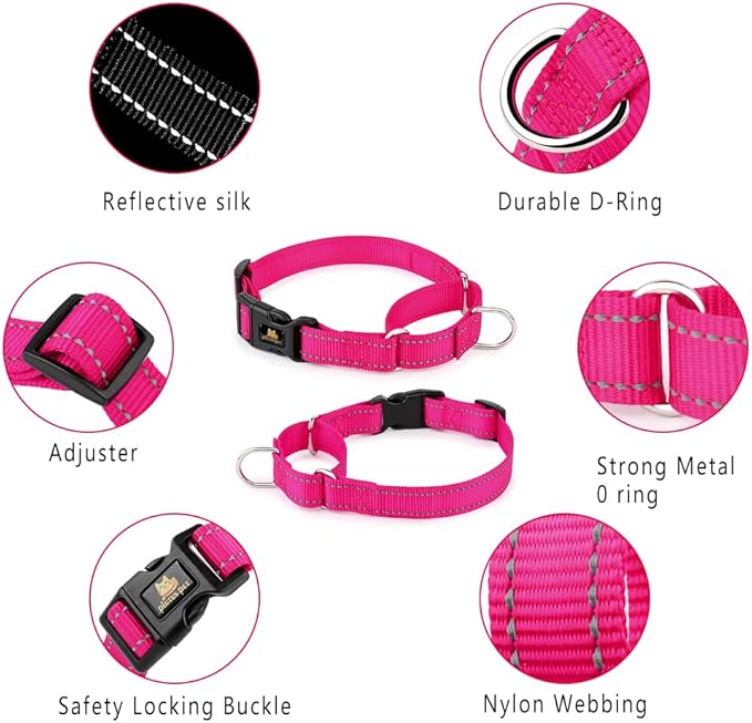 PLUTUS PET Reflective Martingale Collar with Quick Snap Buckle,No Pull Dog Choker Collar for Small Medium Large Dogs,L,Hot Pink