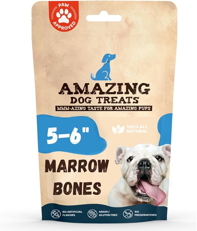 Amazing Dog Treats - 5-6 Inch Meaty Beef Marrow Bones- (6 Count) - Long Lasting Dog Chew Bones - Filled Marrow Dog Bone