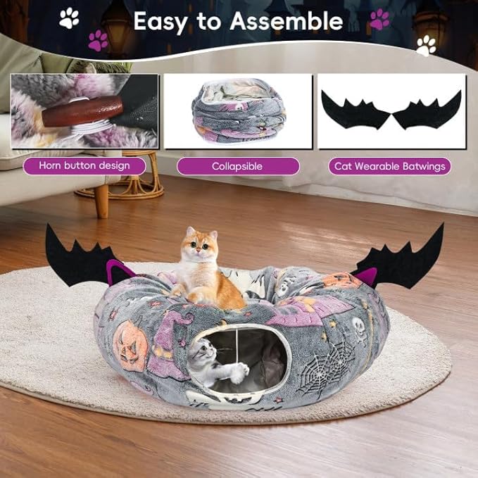 Tidjani Halloween Cat Tunnel Bed, Cat Tunnels for Indoor Cats with Bat Wings, Foldable Pet Donut Bed with Middle Mat and Dangling Balls, Pet Play Toy with Ghost, Spider Web Pattern Decorations