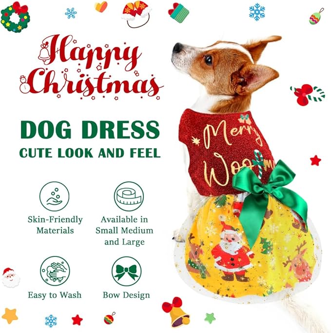 Funny Puppy Dress with Bow - Dog Dresses & Costumes for Small & Large Dogs - Pumpkin Witch Bat Pet Costume for Halloween & Christmas
