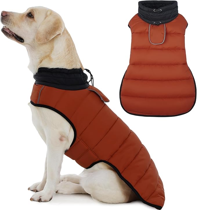 IDOMIK Waterproof Dog Winter Coat, Reflective Warm Dog Puffer Jacket with Harness Hole, Adjustable Lightweight Snow Jacket with Turtleneck, Pet Cold Weather Coats for Large Dogs,Caramel,2XL