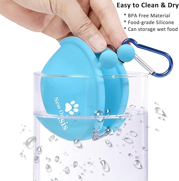 New Oasis Dog Treat Pouch, 10oz Small Portable Silicone Dog Training Pouch Reusable Dog Treat Bag with Carabiner Key Case Silicone Coin Pouch, Blue