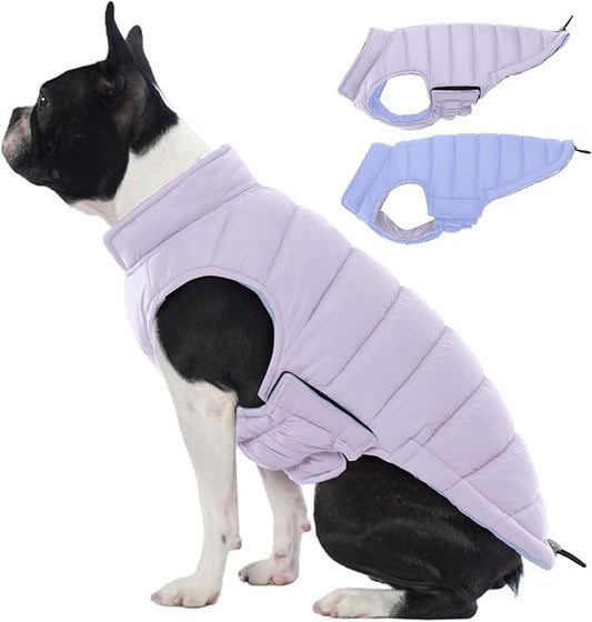 Lelepet Reversible Dog Coat Waterproof Dog Jacket Windproof Puffer Vest for Winter Warm Lightweight Coats for Small Dogs Adjustbale Hook & Loop Pet Apparel with Leash Hole, Pug, Purple, M