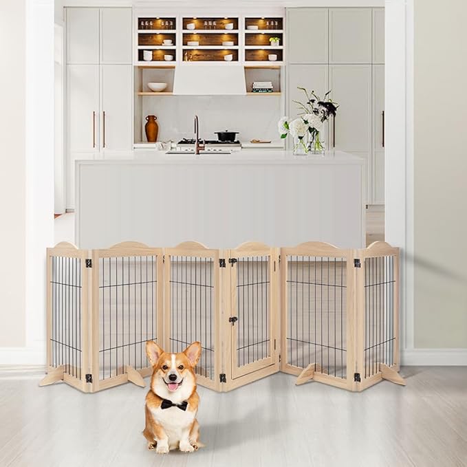 unipaws 132" Extra Wide Dog Gate and Pet Playpen, Free Standing Tall Fence with Walk Through Door, Barriers for Home, Use as Indoor Dogs Cats Pen, Rabbit Pen, Nature