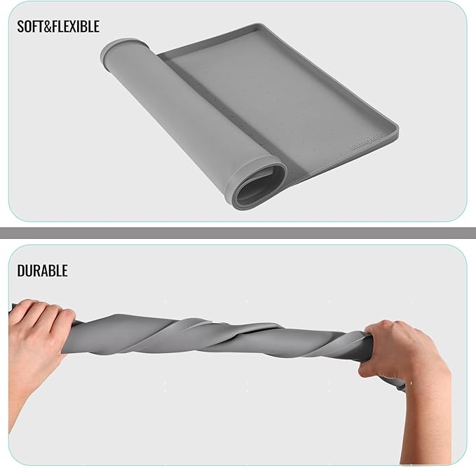 MateeyLife Dog & Cat Food Mat for Floors Waterproof, Nonslip Bowl Mats for Food and Water, Dog Feeding Mats with Raised Edges, Silicone Dog Water Matt Tray for Messy Drinkers, 18"x12", Grey