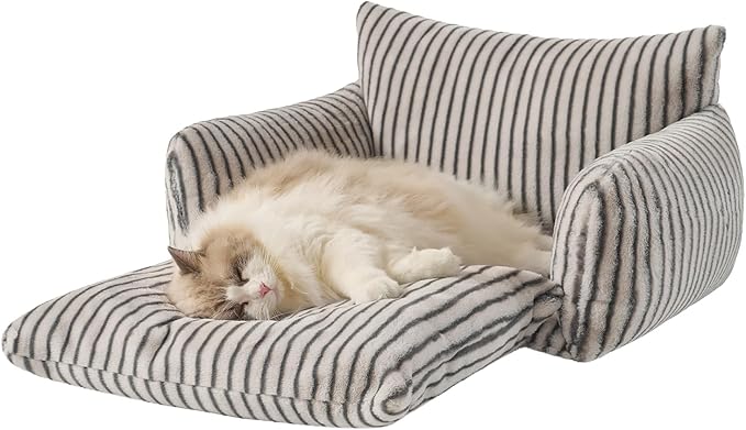 Hollypet Cat Bed Fluffy Plush Mutifuctional Double-Layer Soft Pet Couch Orthopedic Sofa Nest Beds for Small Cats and Dogs, Dark Gray Stripes (25x20x13 inch)